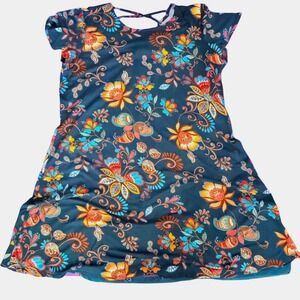 Harlow‎ & Rose Floral Print Dress Dark Teal Multicolor Short Sleeve Casual L